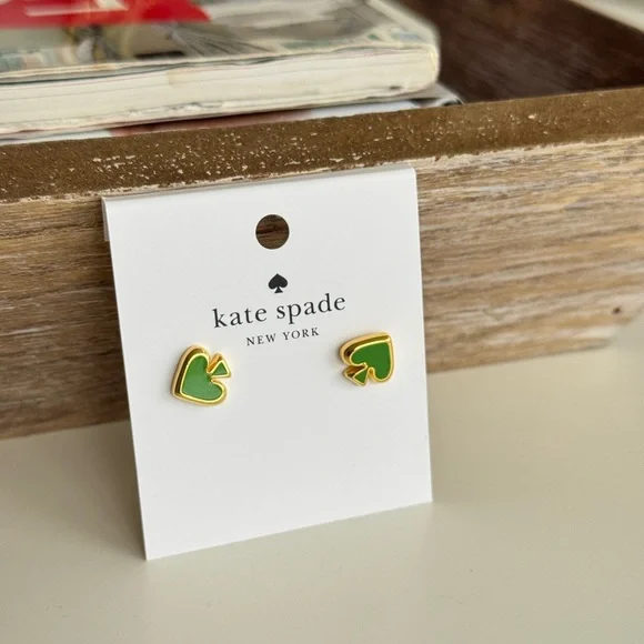Kate Spade ' Heart logo Green and Gold Heart Studs - Picture 4 of 5